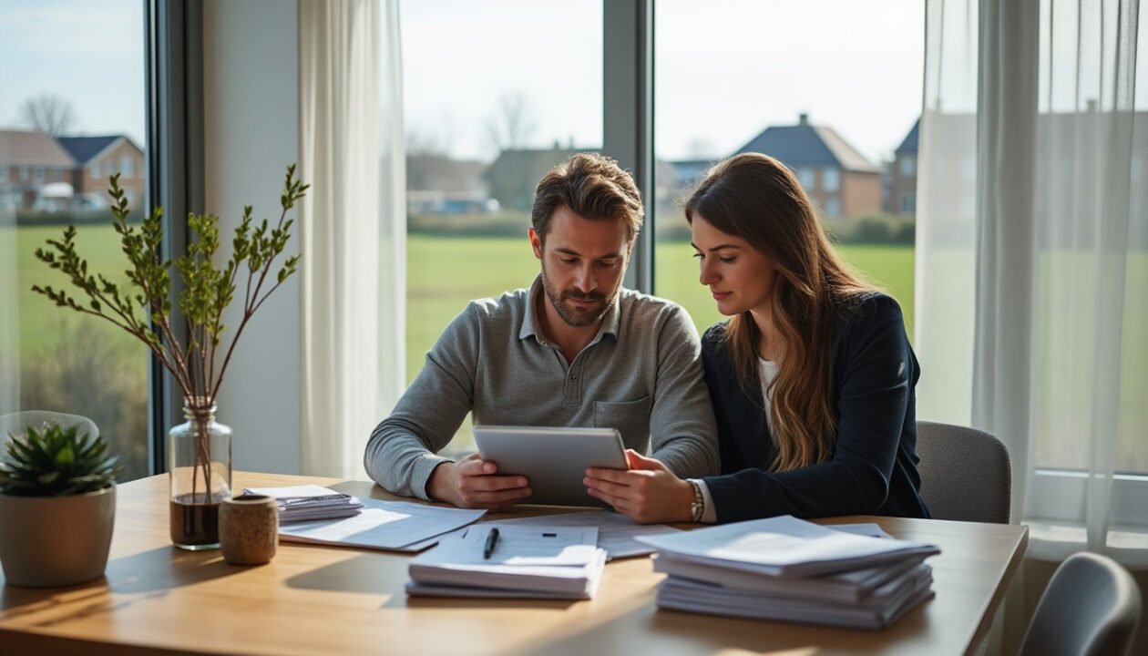 Un homme et une femme sont assis à une table avec des papiers et une tablette, regardant l'écran ensemble dans une pièce lumineuse avec de grandes fenêtres.