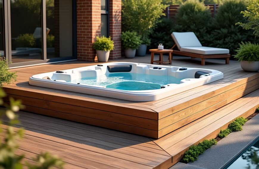 Un jacuzzi extérieur moderne est installé sur une terrasse en bois à côté d'une chaise longue et d'une piscine, entourée de plantes vertes près d'une maison en briques.