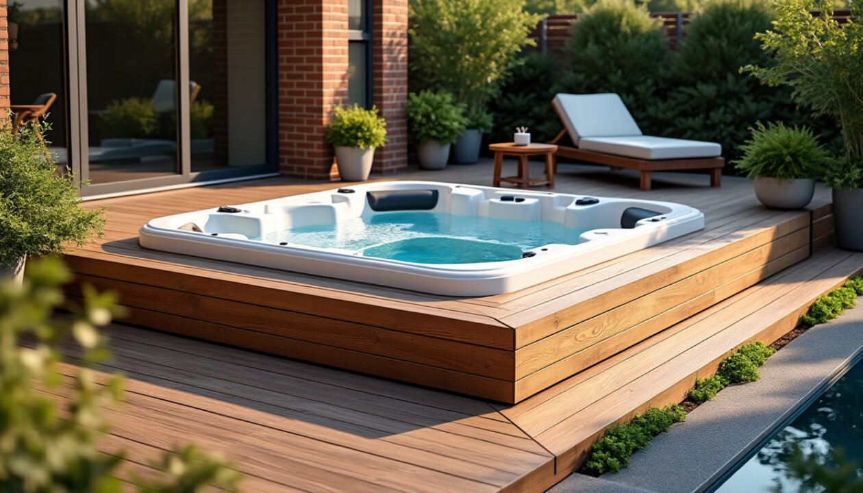 Un jacuzzi extérieur moderne est installé sur une terrasse en bois à côté d'une chaise longue et d'une piscine, entourée de plantes vertes près d'une maison en briques.