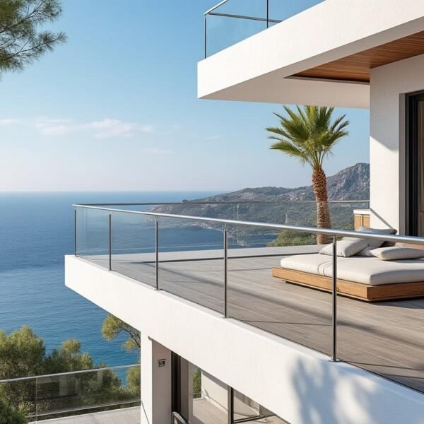Villa moderne en bord de mer avec un grand balcon vitré, des chaises longues extérieures et une salle à manger donnant sur un océan bleu calme et des collines côtières sous un ciel clair.