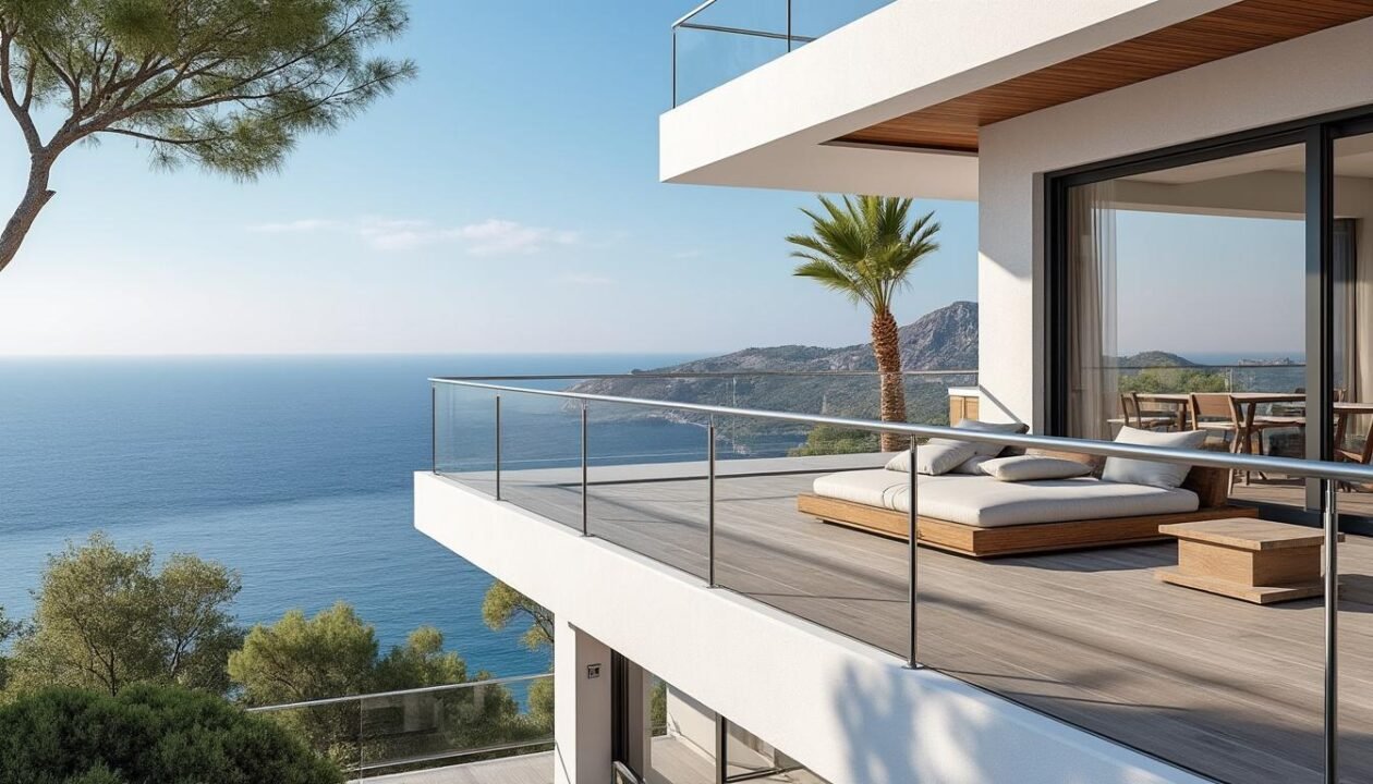 Villa moderne en bord de mer avec un grand balcon vitré, des chaises longues extérieures et une salle à manger donnant sur un océan bleu calme et des collines côtières sous un ciel clair.