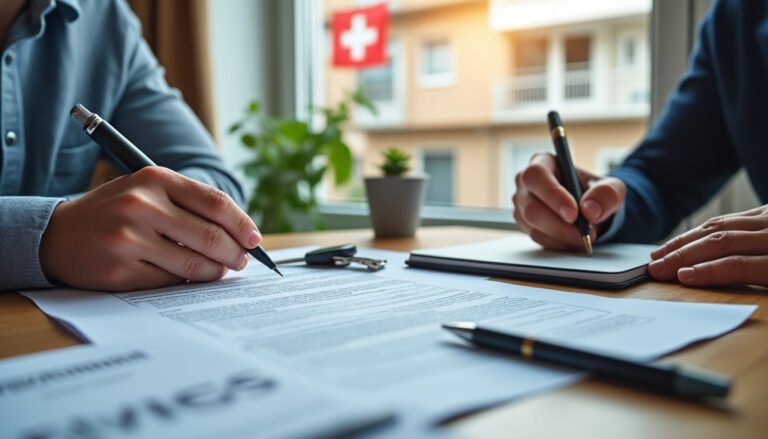 Deux personnes examinent et signent des documents à un bureau, un stylo à la main ; par la fenêtre, on aperçoit un drapeau suisse à l'extérieur et une plante trône sur la table.