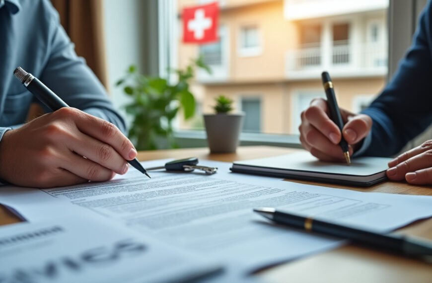 Deux personnes examinent et signent des documents à un bureau, un stylo à la main ; par la fenêtre, on aperçoit un drapeau suisse à l'extérieur et une plante trône sur la table.