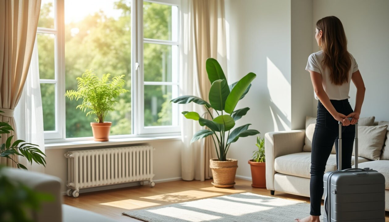 Une femme, une valise à la main, se tient debout dans un salon lumineux doté de grandes fenêtres, de plantes d'intérieur et baigné par la lumière du soleil.