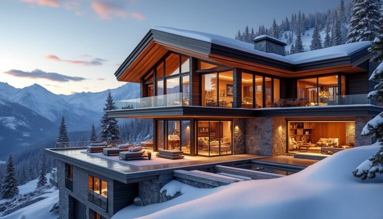 Chalet de montagne moderne à plusieurs étages avec de grandes baies vitrées et des terrasses enneigées, niché au milieu des pins avec les montagnes en arrière-plan au coucher du soleil.