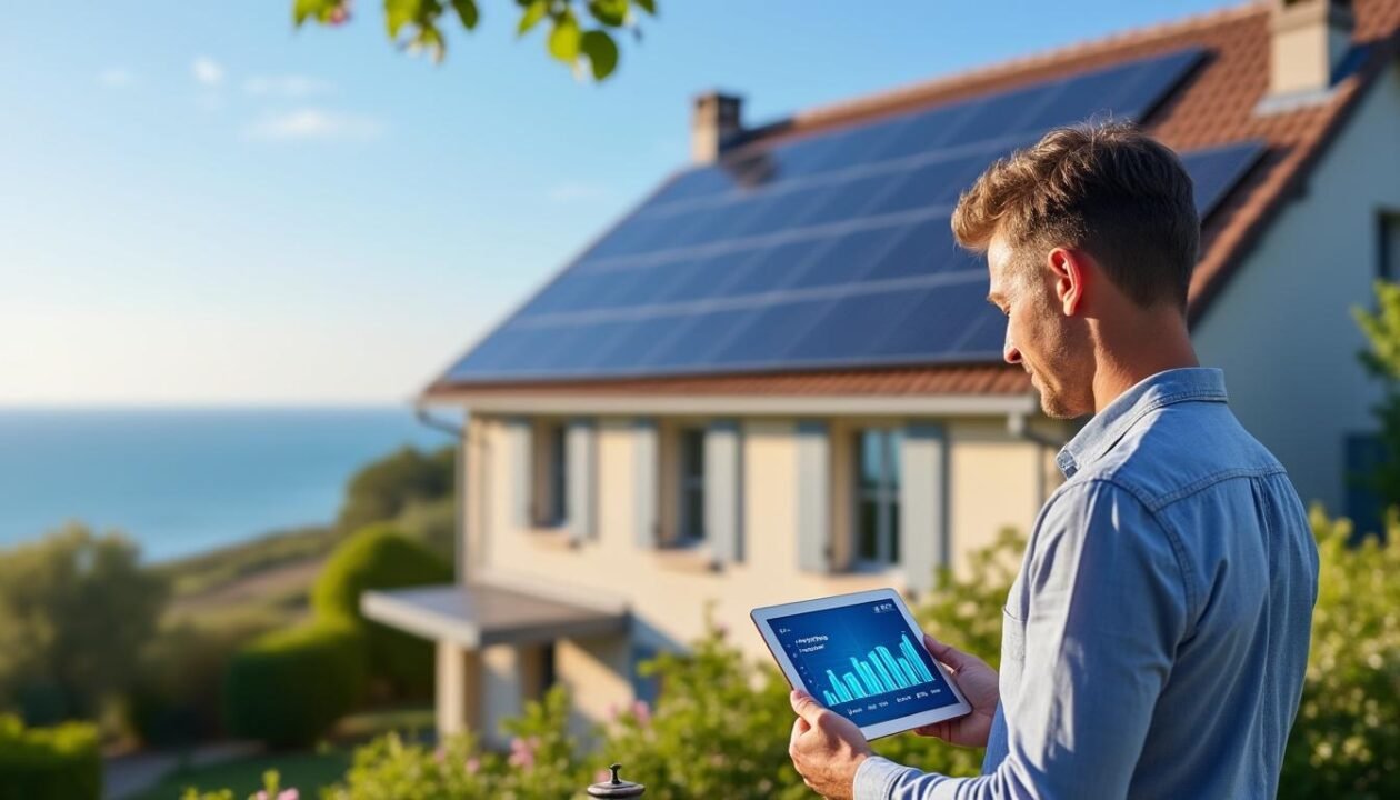 Un homme se tient à l'extérieur d'une maison dont le toit est équipé de panneaux solaires, tenant une tablette affichant des graphiques de consommation d'énergie, avec un paysage pittoresque en arrière-plan.