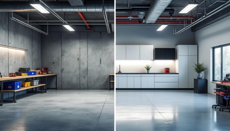 Vue séparée de deux garages modernes et propres : l'un avec des établis, des outils et des bacs de rangement ; l'autre avec des armoires blanches, une plante en pot et un minimum d'outils.