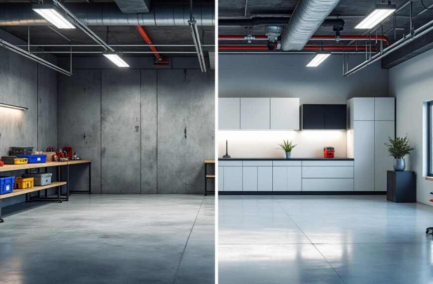 Vue séparée de deux garages modernes et propres : l'un avec des établis, des outils et des bacs de rangement ; l'autre avec des armoires blanches, une plante en pot et un minimum d'outils.