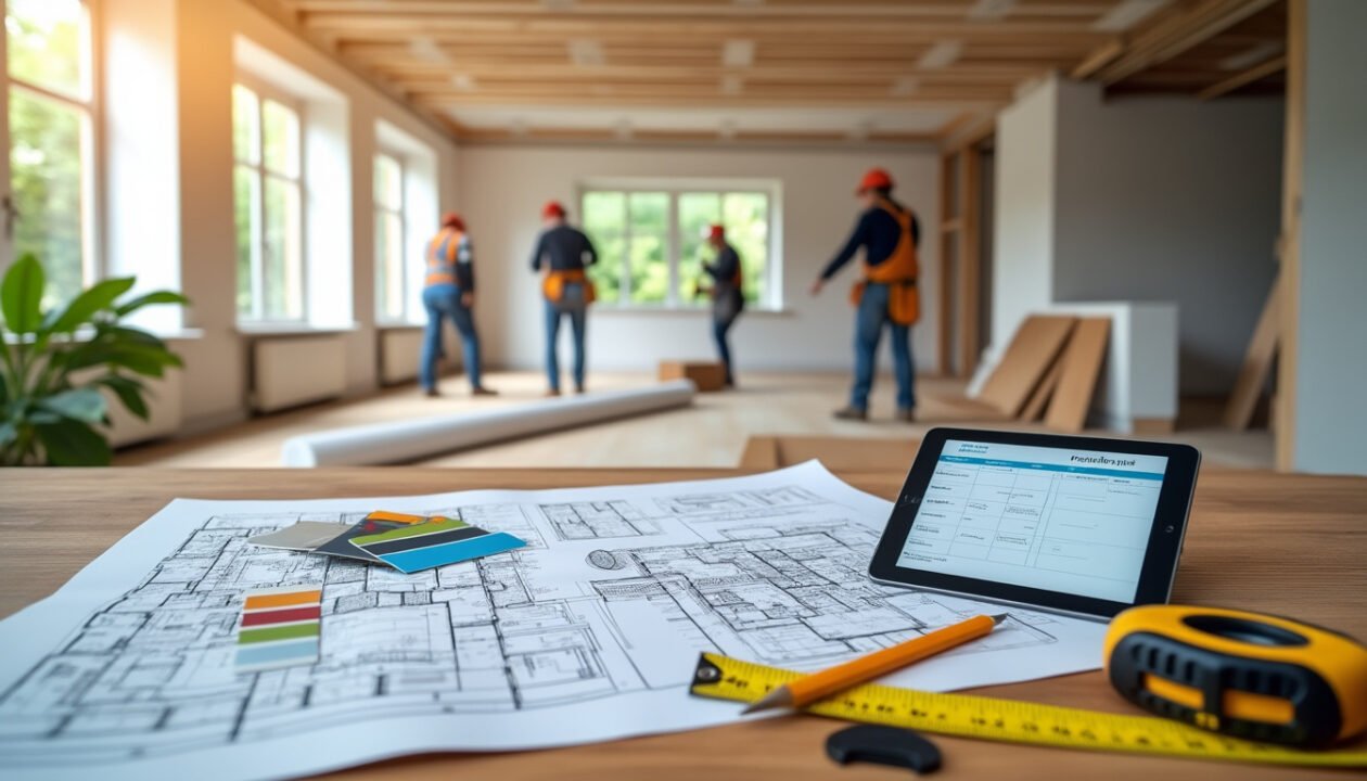 Des plans, des nuanciers, un mètre ruban et une tablette sont posés sur un bureau dans une pièce en cours de rénovation, tandis qu'à l'arrière-plan, quatre ouvriers en tenue de sécurité s'affairent.