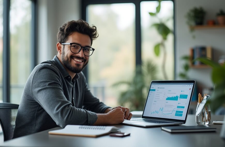 Un homme à lunettes est assis à un bureau, souriant, avec un ordinateur portable affichant des graphiques, un carnet de notes et des stylos dans un environnement de bureau moderne et bien éclairé.