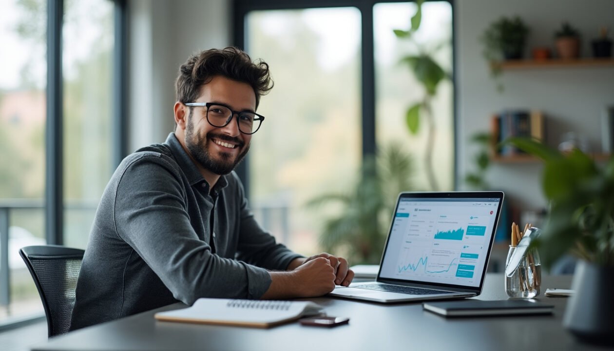 Un homme à lunettes est assis à un bureau, souriant, avec un ordinateur portable affichant des graphiques, un carnet de notes et des stylos dans un environnement de bureau moderne et bien éclairé.