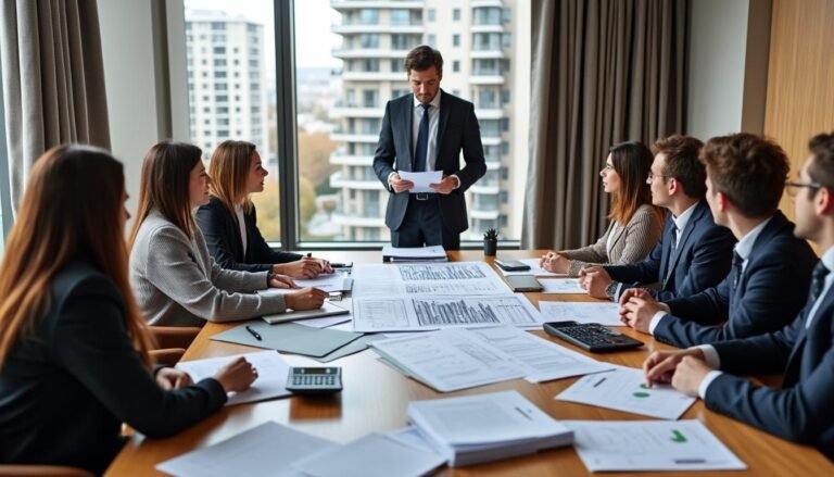 Un groupe de professionnels dans une salle de réunion, écoutant un homme debout et parlant, avec des documents et des calculatrices étalés sur la table.