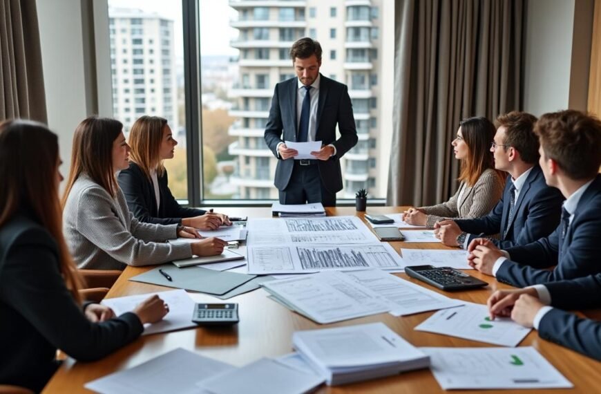Un groupe de professionnels dans une salle de réunion, écoutant un homme debout et parlant, avec des documents et des calculatrices étalés sur la table.