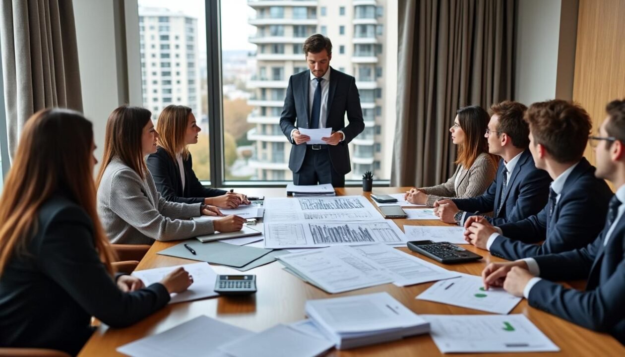 Un groupe de professionnels dans une salle de réunion, écoutant un homme debout et parlant, avec des documents et des calculatrices étalés sur la table.