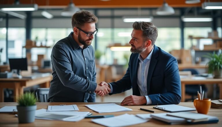 Deux hommes en tenue d'affaires se serrent la main sur un bureau contenant des documents et des fournitures de bureau, dans un environnement de bureau moderne.
