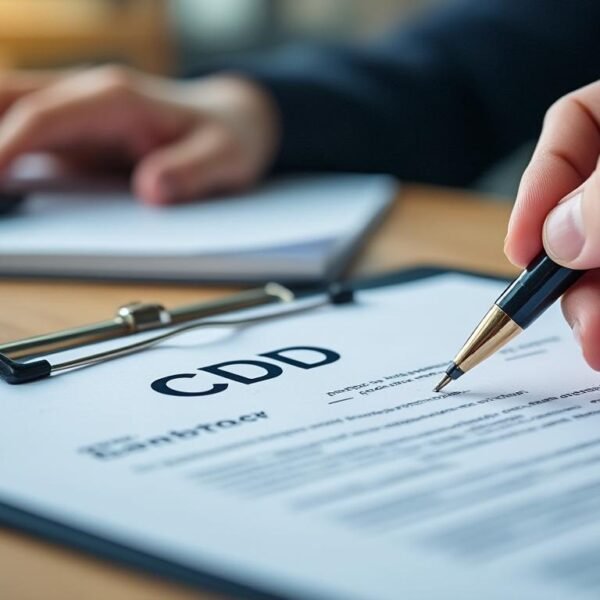 Une personne examine et écrit sur une planchette à pince avec un document étiqueté "CDD" sur un bureau, avec un autre papier et un stylo à proximité.