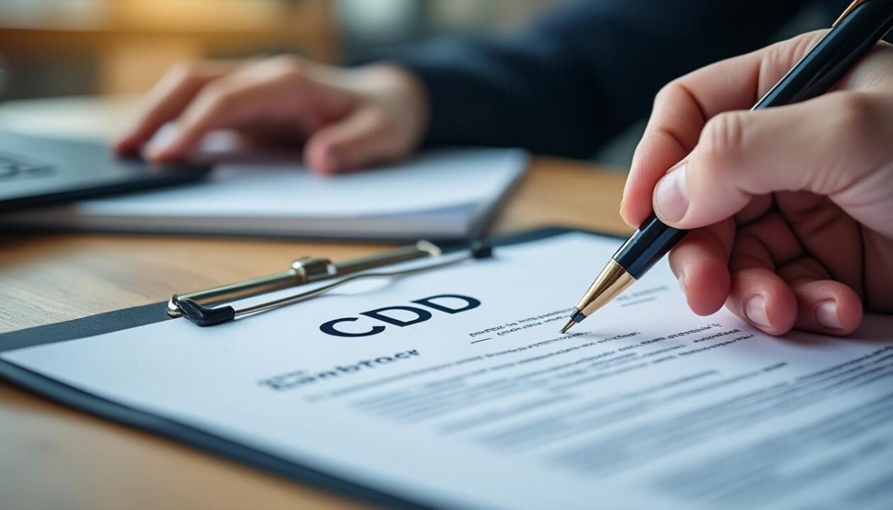Une personne examine et écrit sur une planchette à pince avec un document étiqueté "CDD" sur un bureau, avec un autre papier et un stylo à proximité.