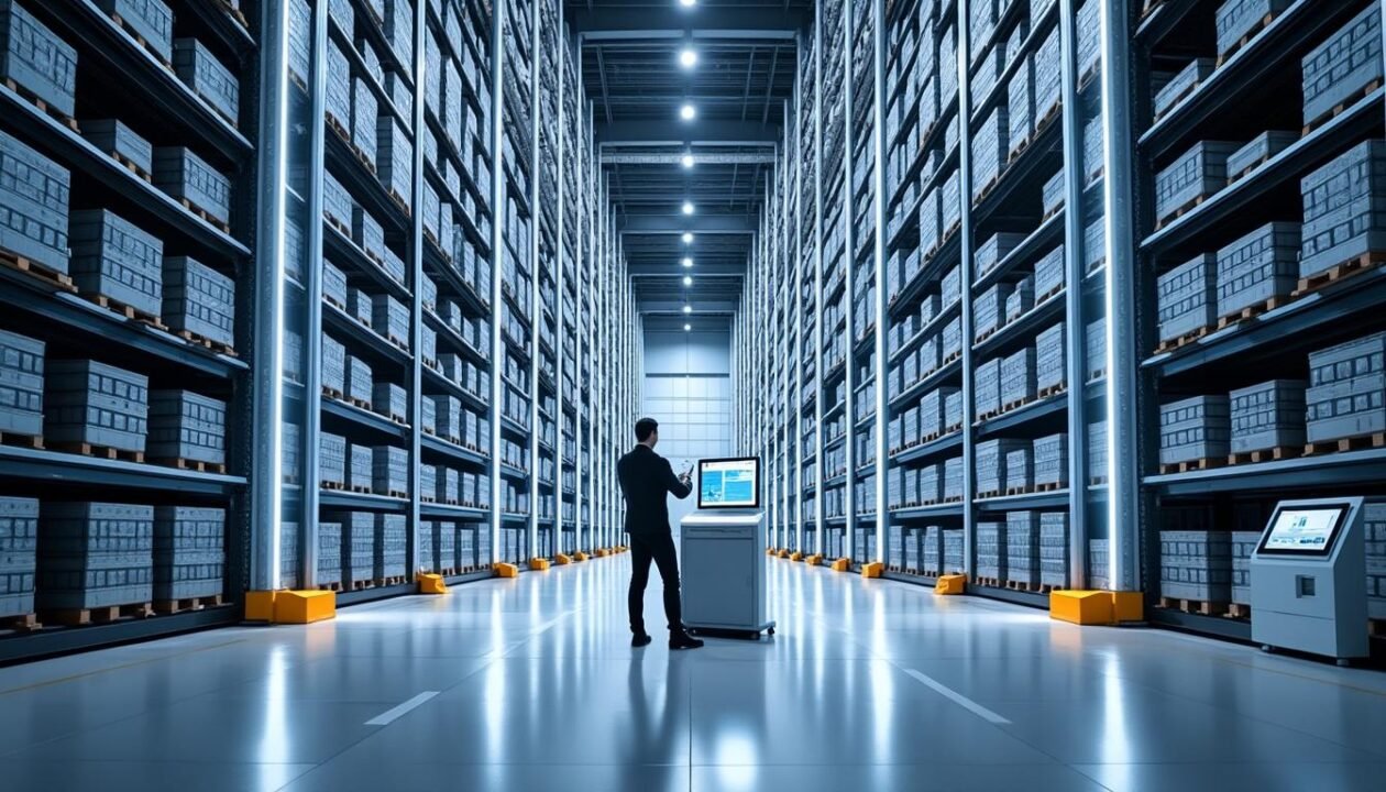 Une personne se tient devant un terminal d'ordinateur dans un grand entrepôt moderne dont les hautes étagères sont remplies de boîtes bien rangées.