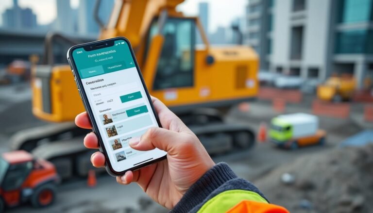 Une personne utilise un smartphone pour remplir un formulaire numérique sur un chantier de construction, avec des machines et des équipements lourds visibles à l'arrière-plan.