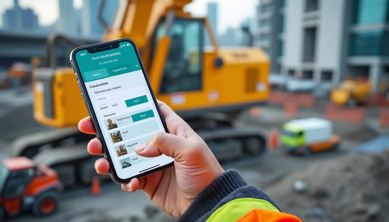 Une personne utilise un smartphone pour remplir un formulaire numérique sur un chantier de construction, avec des machines et des équipements lourds visibles à l'arrière-plan.