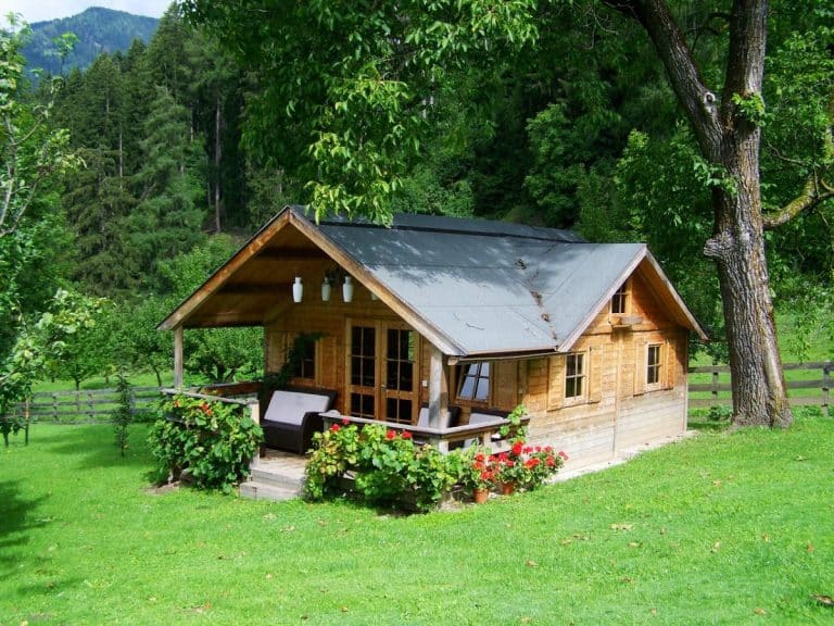 Une petite cabane en bois au milieu d'un champ verdoyant.