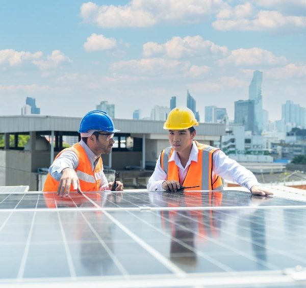 Deux ouvriers portant des gilets de sécurité et des casques inspectent des panneaux solaires sur un toit avec un horizon de la ville en arrière plan.