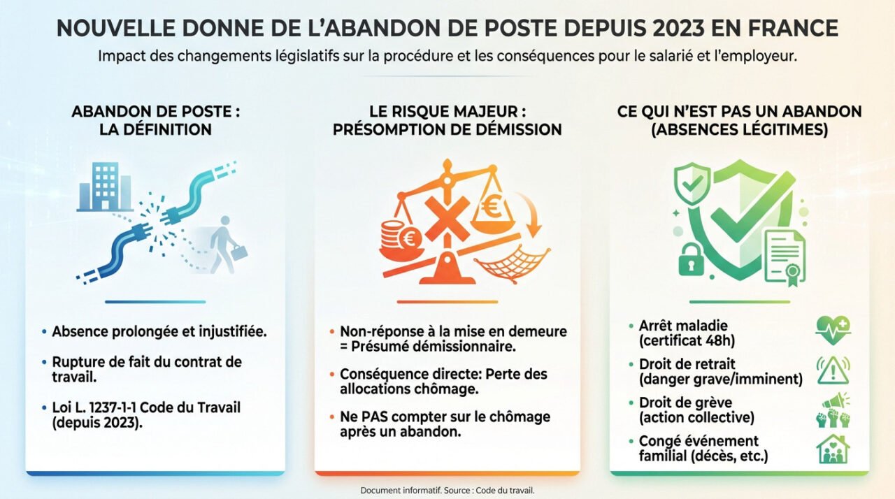 Schéma explicatif des risques de l'abandon de poste et de la présomption de démission depuis la réforme 2023