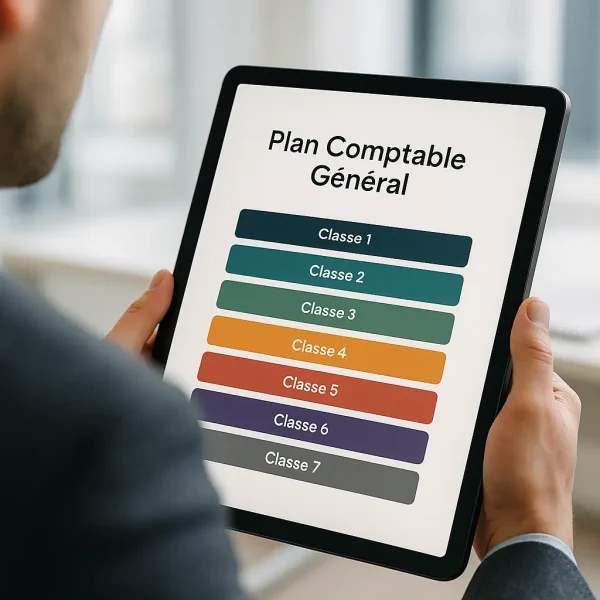 Une personne tient une tablette affichant le "Plan Comptable Général" français avec des sections de couleur étiquetées de la Classe 1 à la Classe 7.