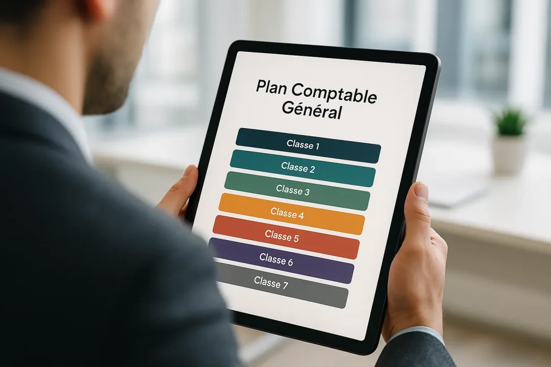 Une personne tient une tablette affichant le "Plan Comptable Général" français avec des sections de couleur étiquetées de la Classe 1 à la Classe 7.