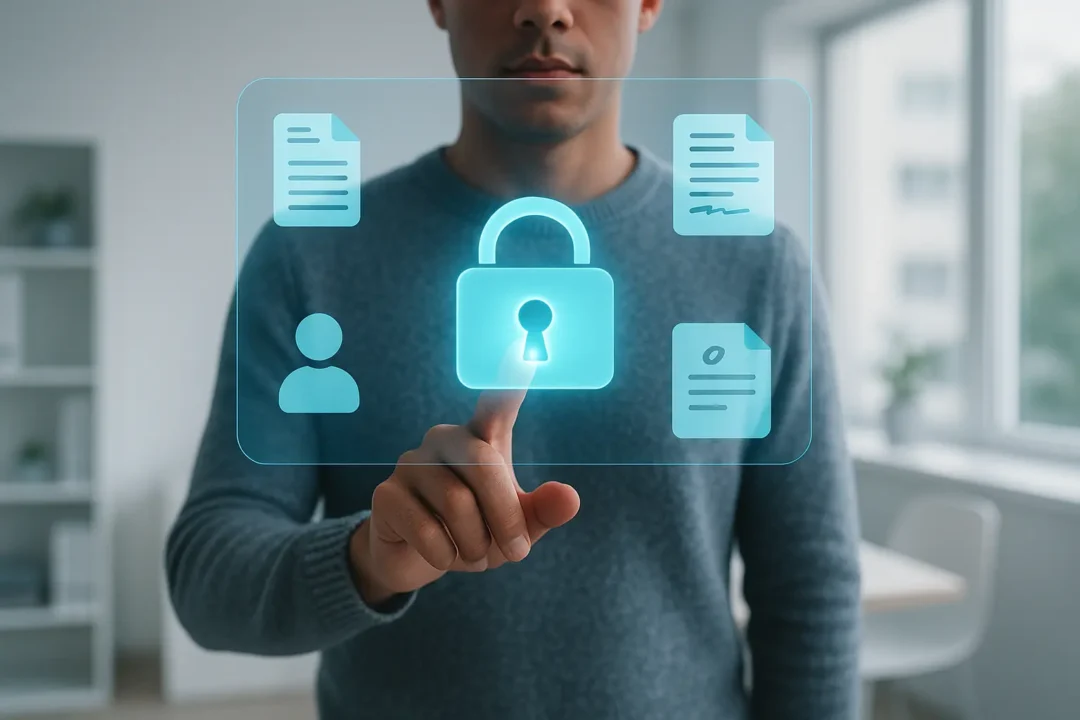 Une personne appuie sur une icône de verrouillage numérique sur un écran transparent avec des icônes de fichiers et d'utilisateurs, symbolisant la sécurité et la protection des données.