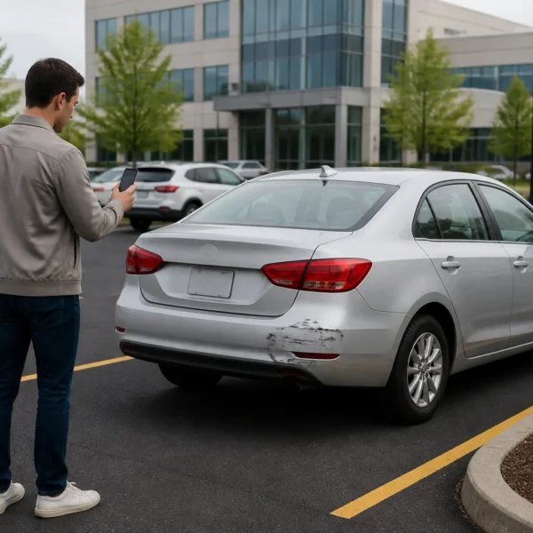 Homme examinant un dommage sur sa voiture