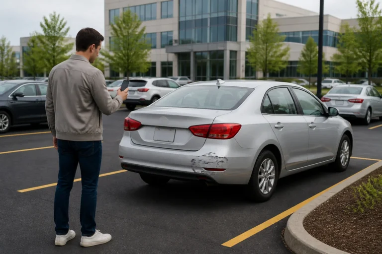 Homme examinant un dommage sur sa voiture