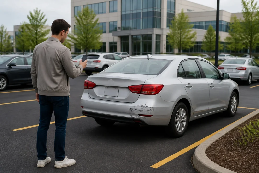 Homme examinant un dommage sur sa voiture
