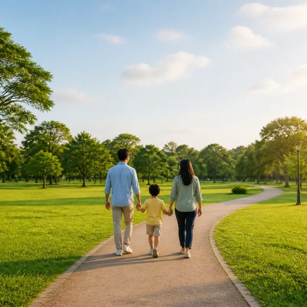 Famille marchant dans un parc ensoleille