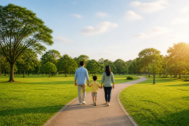 Famille marchant dans un parc ensoleille