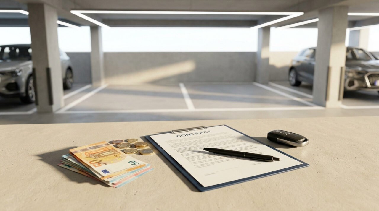 Un contrat, de l'argent et une clé de voiture posés sur une table dans un parking souterrain moderne.