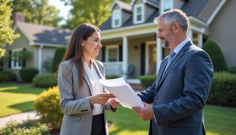 Deux personnes en tenue de travail se tiennent devant une maison, souriant et tenant des documents, suggérant une discussion ou un accord lié à l'immobilier ou aux affaires.