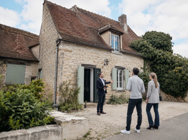 Un agent immobilier fait visiter une maison en pierre aux volets verts à un homme et une femme qui se tiennent devant celle-ci par une journée nuageuse.