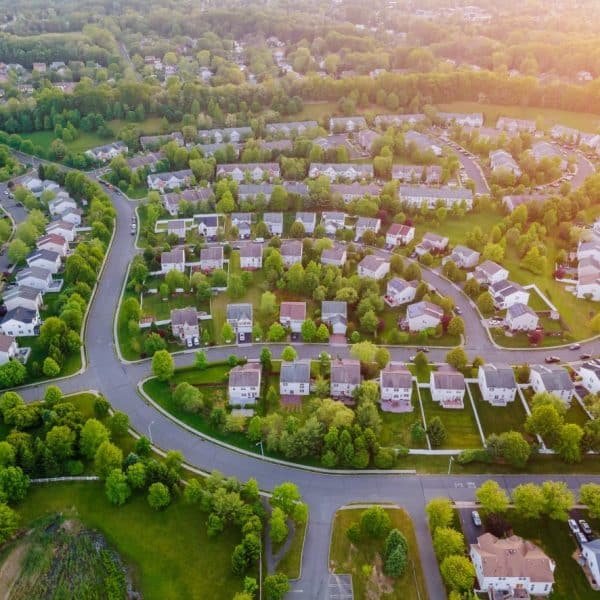 Aerial top view with from flying drone over residential district development buildings