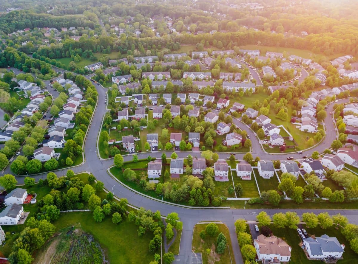 Aerial top view with from flying drone over residential district development buildings