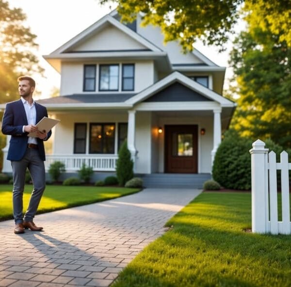 Un agent immobilier devant une maison à Montfort-l’Amaury