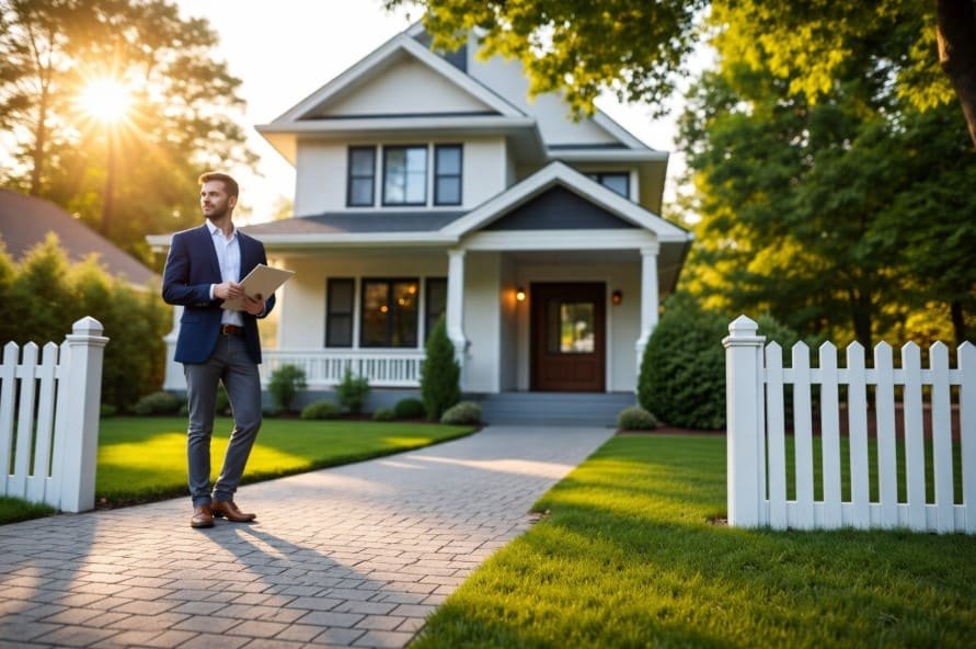 Un agent immobilier devant une maison à Montfort-l’Amaury