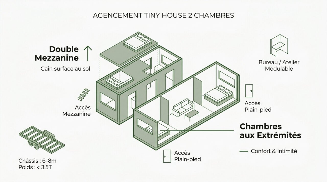 Aménagement intérieur d'une tiny house 2 chambres avec mezzanine et mobilier modulable