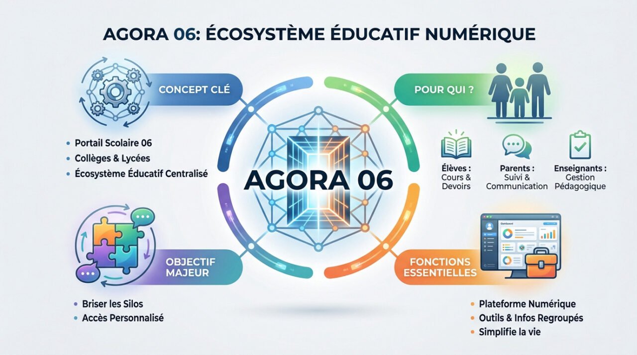 Interface numérique du portail Agora 06 illustrant l'écosystème éducatif connecté