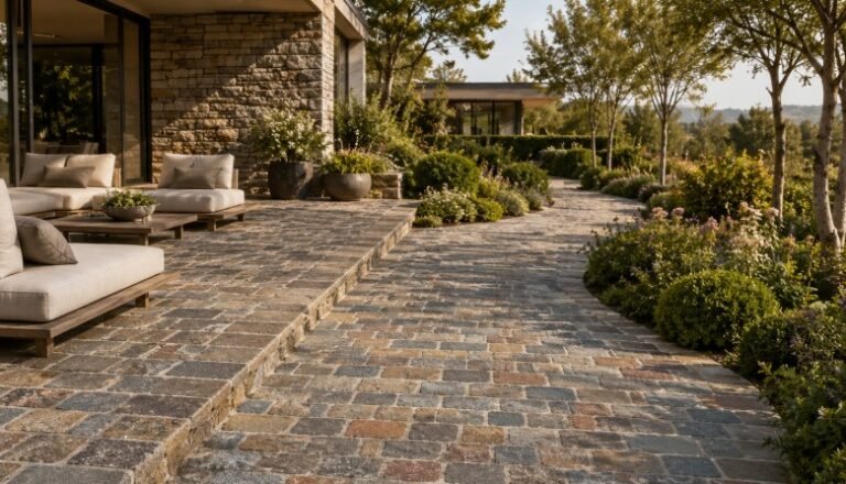 Une terrasse en pierre agrémentée d'un coin salon extérieur et de plantes en pot, donnant sur une allée sinueuse bordée d'espaces verts aménagés et d'arbres.