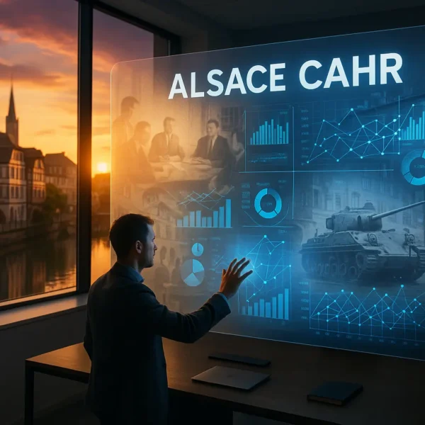 Un homme interagit avec un grand écran numérique transparent affichant des graphiques, une image de réservoir et les mots "ALSACE CAHR" dans un bureau avec une vue sur une rivière et des bâtiments historiques au coucher du soleil.