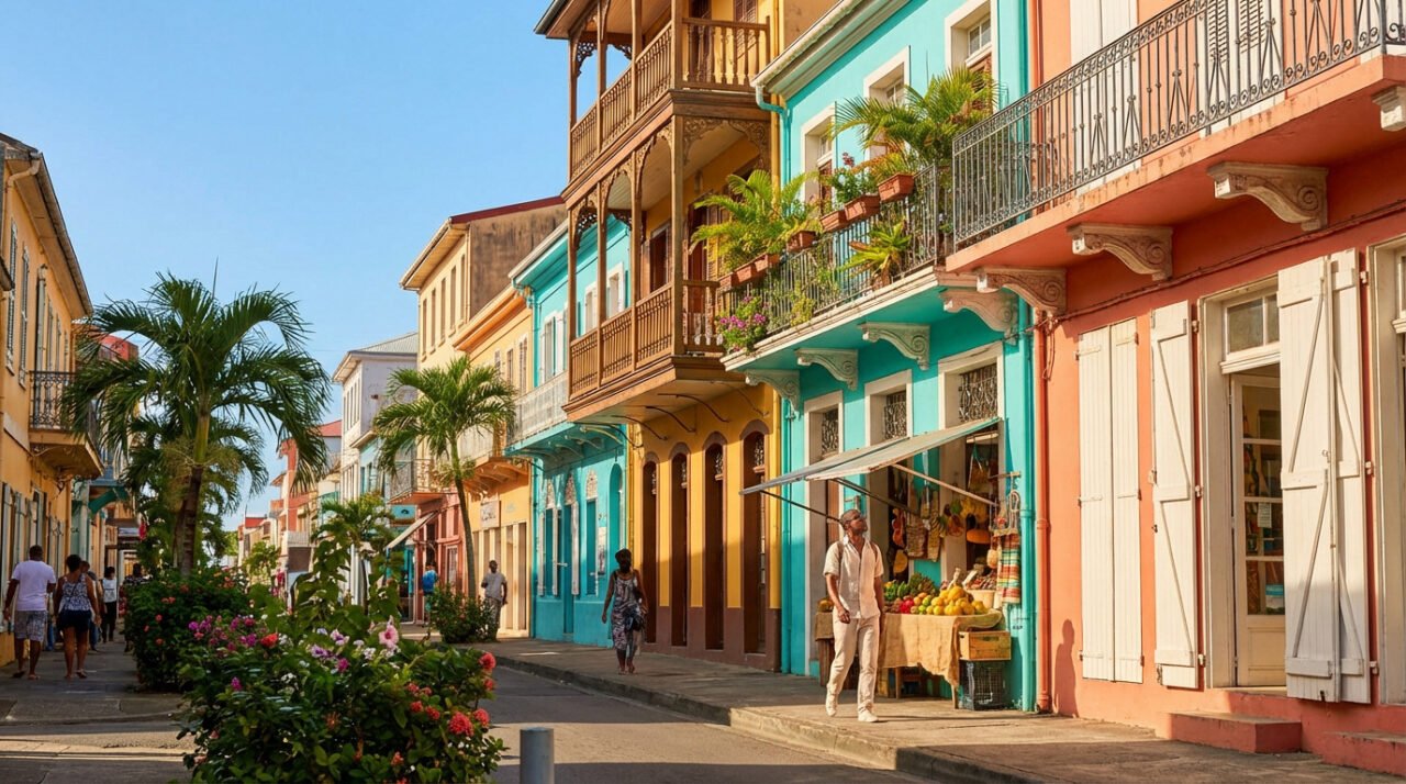 Rue animée de Fort-de-France avec des façades colorées, balcons ornés, palmiers, fleurs et passants sous le soleil.