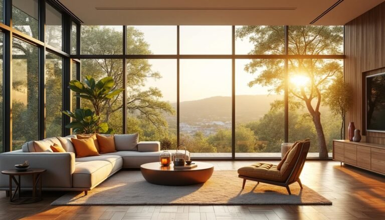 Salon moderne avec de grandes fenêtres allant du sol au plafond, un mobilier neutre, une plante d'intérieur et une vue sur les arbres et le coucher de soleil à l'extérieur.