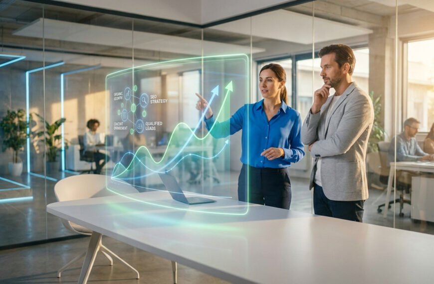 Deux professionnels analysent un écran holographique affichant des courbes de croissance et des stratégies marketing.