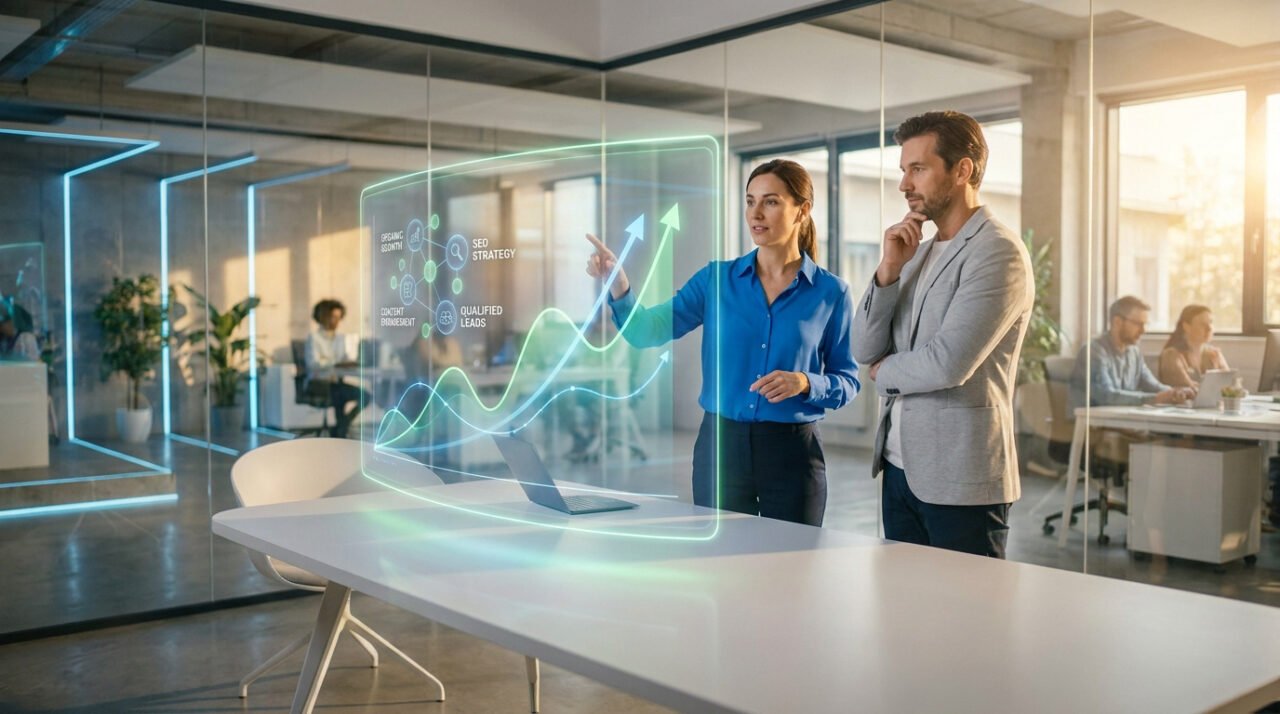 Deux professionnels analysent un écran holographique affichant des courbes de croissance et des stratégies marketing.